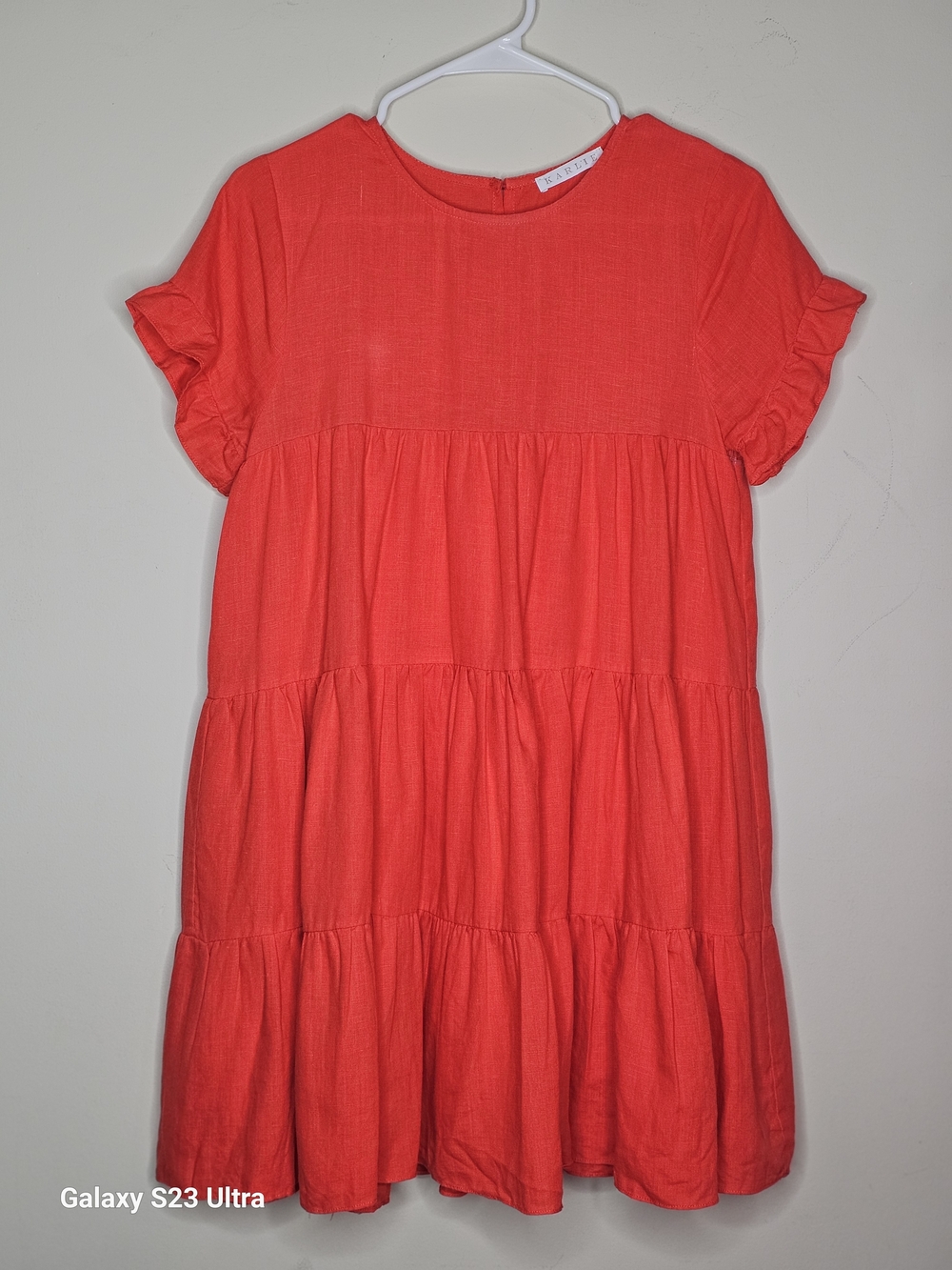 Karlie Coral-Red Tiered Short-Sleeve  Dress Small